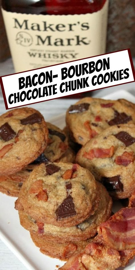 Bourbon Cookies Recipe, Whiskey Bacon, Chocolate Chunk Cookies Recipe, Bourbon Cookies, Chunk Cookies Recipe, Boozy Baking, Bourbon Chocolate, Bourbon Bacon, Chocolate Chunk Cookie Recipe