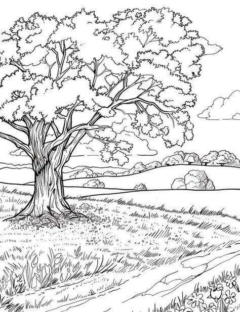 A Lone Oak Tree Standing In A Vast Meadow A Wide-A Swamp Trees Drawing, Oak Trees Drawing, Meadow Drawing, Oak Tree Drawings, 2024 Board, Construction Paper Crafts, Meaningful Drawings, Coloring Supplies, Power Colors