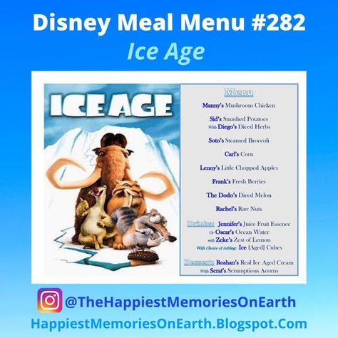 Ice Age Themed Food, Ice Age Dinner And A Movie, Ice Age Food Ideas, Ice Age Movie Night, Movie Theme Dinners, Disney Meals From Movies, Ice Age Movie, Disney Movie Themed Dinner, Disney Nights