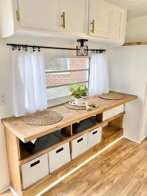 Small Camper Couch Ideas, Rear Kitchen Camper Remodel, Minimalist Camper Interior, Boho Rv Kitchen, 32 Ft Camper Remodel, Table For Rv, Camper Renovation Storage, Small Camper Makeover Interior, Mini Camper Remodel