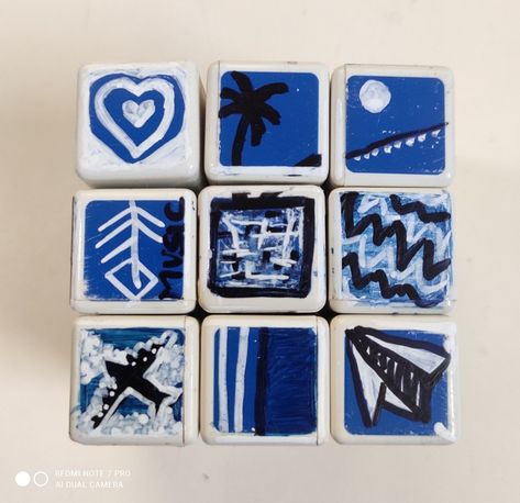 Heart, night sky, music symbol, broken tv, patterns, aeroplane, paper plane Painting Random Things, Blue Aesthetic Art, Cube Painting, Rubicks Cube, Cube Ideas, Rubix Cube, Art Sketches Doodles, Rubik's Cube, Diary Ideas