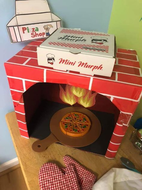 Pizza Parlor Dramatic Play Center Ideas, Pizza Diy Craft, Pizza Craft Preschool, Pizza Activities For Preschool, Pizzeria Dramatic Play, Cardboard Pizza Oven, Pizza Parlor Dramatic Play, Pizza Dramatic Play, Dramatic Play Themes