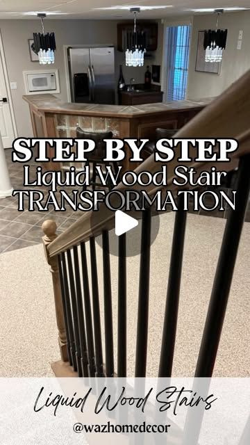 MICHELLE | Neutral Modern Home on Instagram: "EASY Stair Railing UPGRADE!! NO SANDING 🤯🫣🤭

Comment LINK for the products and steps for this liquid wood stairs transformation!! 

Follow along for more budget friendly DIYs and tips along the way!!

I used 2 coats of Retique It Light Wood Color Liquid Wood on the railing and spindles. I then stained the railing with 1 coat of Varathane Kona Stain and painted two coats of black paint on the spindles. I finished everything with 1 coat of Varathane Matte Polyurethane. 

#liquidwood #stain #stairs #stairrailing #beforeandafter #myhome #homeprojects #diy #diyhome #diyprojects #cabinetideas #cabinet #stainideas #homeideas #stairwell #transformation #budgetfriendly #hack #hacks #budgetfriendlydiy #youcandoit #onabudget #easy #tutorial #tipsandtri Gel Stain Stair Rail, Black Painted Spindles On Stairs, Stairs That Turn A Corner, Replacing Stair Spindles, Black And White Stairs Painted, Stairs Transformation, Painted Banister Ideas, Stain Stairs, Painted Banister