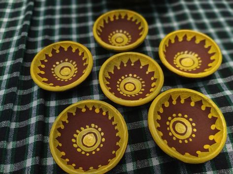 Hand Painted Diwali Diya Base Paint= Redoxide+ Fevicole+ Water Golden yellow Fabric Colour Used in Design Diwali Ideas, Thali Decoration, Diya Decoration, Thali Decoration Ideas, Sanskrit Language, Festival Ideas, Diwali Diya, Diwali Craft, Diwali Decoration