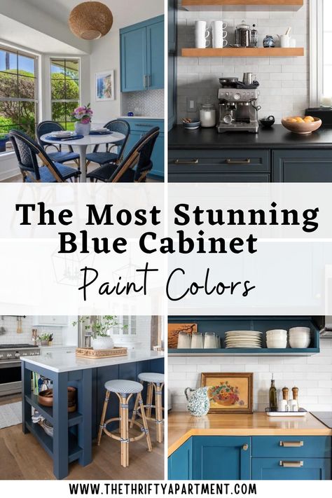 Discover the most stunning blue cabinet paint colors of 2024! These gorgeous shades will add elegance, charm, and a fresh vibe to your kitchen or bathroom. #BlueCabinets #CabinetColors #2024Trends #HomeDecor Benjamin Moore Blue Paint Colors For Kitchen Cabinets, Blue Cabinet Paint Colors Sherwin Williams, Best Blue Cabinet Colors, Dark Blue Cabinet Colors, Grey Blue Kitchen Cabinets Paint Colors, French Blue Cabinets, Blue Kitchen Paint Colors, Best Blue Cabinet Paint Colors, Blue Cabinet Bathroom