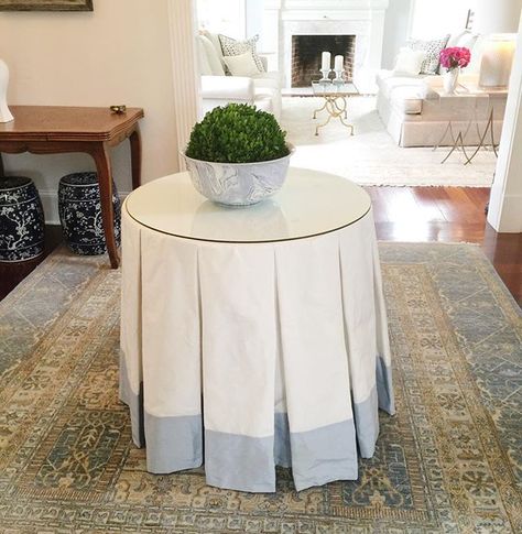 @scalamandre you do silk SO well! Love how this ivory pleated table skirt banded with the prettiest of powder blues turned out!!!#centerhall #thisrug #thishouse #theblueoctagon #blueoctagoninteriors #335ekingst #malvernpa Skirted Table, Table Skirts, Newark Nj, Linen Drapes, Table Skirt, European Linens, White Table, Box Pleats, Room Colors