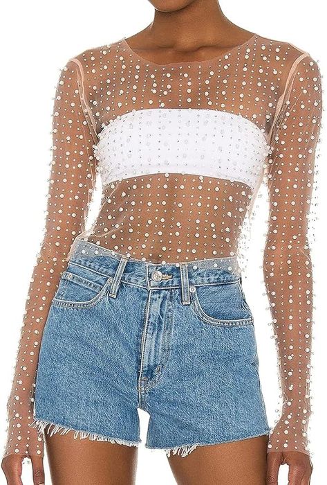 Naileksi Women Pearl Rhinestone Sheer Mesh Crop Top Sexy See Through Long Sleeve Slim Fit Cropped Blouse Shirt Clubwear Nude at Amazon Women’s Clothing store Rhinestone Blouse, Clubwear Tops, Gothic Party, Beaded Crop Top, Y2k Long Sleeve, Vegas Outfit, Mesh Tops, Bachelorette Outfits, Mesh Crop Top