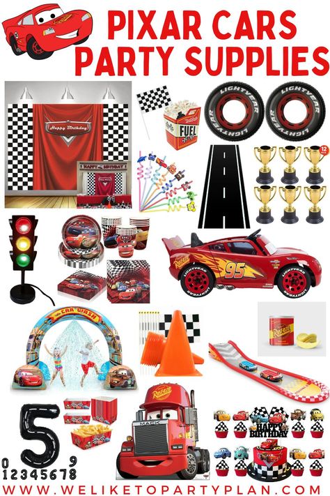 Ultimate Pixar Cars Party Supply Guide - We Like To Party Plan Cars 5th Birthday Party, Two Fast Lightning Mcqueen Birthday, Disney Cars 3rd Birthday Party, Lightening Mcqueen 3rd Bday, Cars Pixar Birthday Party Ideas, Lighting Mcqueen Birthday Party Ideas, Cars 3rd Birthday Party, Cars Movie Birthday Party, Pixar Cars Party