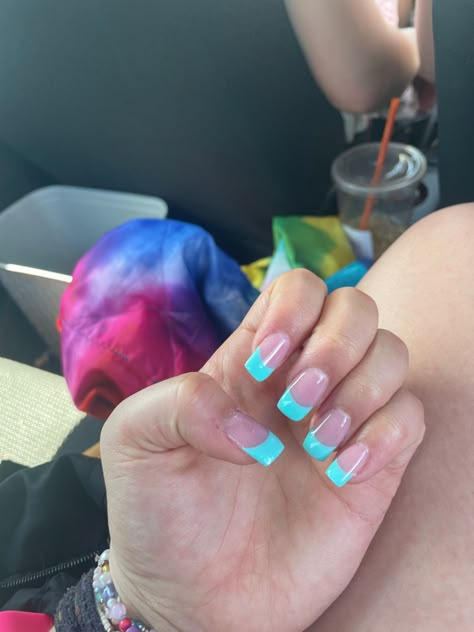 Hoco Nails For Teal Dress, Teal French Tip Nails Square, Torquise Nails French Tip, Teal French Nails, Turquoise Nails Designs Aqua, Teal French Tips, Turquoise French Tip Nails, Teal French Tip Nails, Lulu Girls