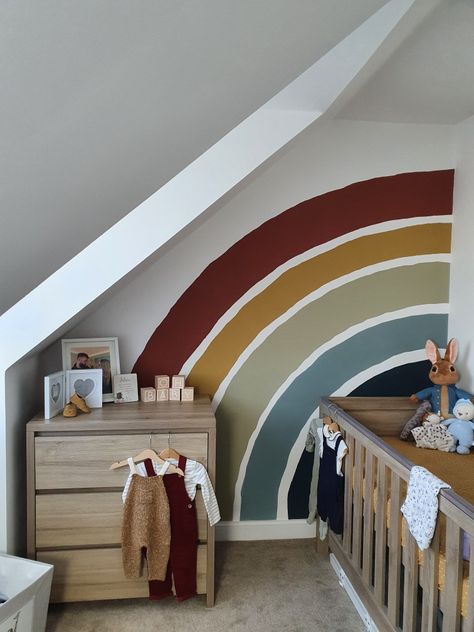 Nursery Color Block Wall, Nursery Hand Painted Wall, Rainbow Mural Bedroom, Color Block Nursery, Nursery Mural Ideas Neutral, Playroom Mural Ideas, Rainbow Boys Room, Warm Bedroom Colors, Yellow Kids Rooms