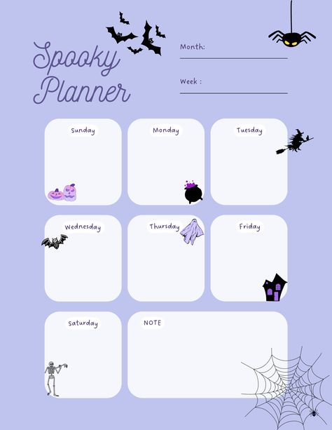 Halloween Daily Planner, Halloween Weekly Planner, Spooky Journal, Book Trackers, Digital Planner Ideas, Planner Designs, Bullet Journal Month, Weekly Planner Free Printable, Free Printables Organization