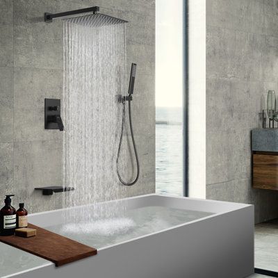 This bathroom shower fixtures with valve offer water flow and pressure control, with a built-in cartridge that balances water temperature and pressure to prevent scalding. The black shower faucet set with tub spout is made of stainless steel with a corrosion-resistant, multi-layered electroplating surface. Air inject technology boosts water pressure up to 2.5GPM while avoiding water waste. The set is easy to install and comes with a 12 inch rainfall shower head with handheld, bathtub faucet, sho Tub With Rainfall Shower Head, Rain Shower Over Bathtub, Freestanding Tub With Shower Head, Walk In Shower And Soaking Tub, Bathtub With Shower Head, Tub With Shower Head, Rainfall Shower Ideas, Shower Faucet Ideas, Jet Tub Shower Combo