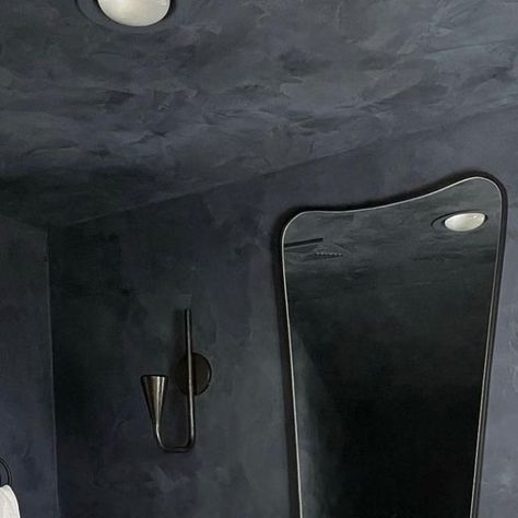 Meoded Paint & Plaster on Instagram: "Dark Denim - a neutral deep blue

Obsessed with this lovely powder room finished in Lamundo. 
Authentic venetian plaster bringing a sense of contrast and depth to the walls. 

Product - Stucco Lamundo
Color - Dark Denim
Artisan - @creativefinishesbyvega 

#meodedpaint #meoded #lamundo #venetianplaster #limeplaster #interdesign" Meoded Paint, Blue Powder Room, Venetian Plaster, Powder Room, Dark Denim, Deep Blue, Sense, Paint, Bring It On