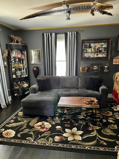 Light Goth Living Room, Grey Maximalist Living Room, Goth Farmhouse Living Room, Goth Mobile Home, Soft Goth Home Aesthetic, Cottage Core Apartment Decor, Whimsy Goth Living Room, Cozy Gothic Living Room, Boho Goth Living Room