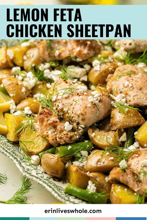 Enjoy a healthy, nutritious, satisfying meal with this Sheet Pan Lemon Feta Chicken. Not only is it delicious, it's also an easy to make, one pan recipe! Lemon Feta Chicken, Mediterranean Sheet Pan, Traybake Dinner, One Pan Recipe, Sheet Pan Meals Chicken, Feta Chicken, Pan Recipe, One Pan Chicken, Pan Dinners