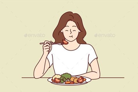 Woman Eats Appetizing Fresh Vegetable Salad and Eat Healthy Food Illustration, Food Graphic Illustration, Eating Food Illustration, Healthy Food Illustration, Fresh Vegetable Salad, Tiny Habits, Tiny Habit, Vegetable Illustration, Urban Farming