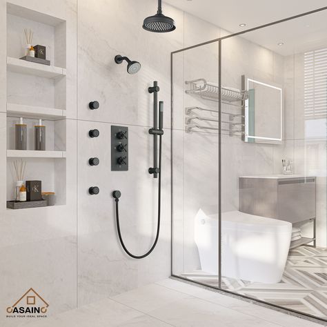 1. This shower system, including a 8-in rainfall shower head, 4-in wall-mount shower, 4 swivel body jets and a hand shower, allowing you to enjoy a variety of shower options. Master Shower With Body Sprays, Multihead Shower Master Bath, Shower Body Jets, Shower Systems With Jets, Dual Shower Heads Master Baths Walk In, Dual Shower Heads Master Baths, Rainfall Shower Ideas, Shower With Body Sprays, Double Shower Head Master Baths