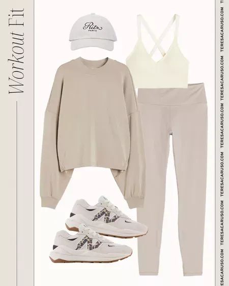 Workout outfit inspo! | Teresa Caruso - athleisure, leggings, sports bra, chic workout outfits, neutral sneakers, neutral workout clothes, working out outfits, workout style Monochromatic Outfit Athleisure, Monochromatic Workout Outfit, Neutral Workout Outfits Women, Cream Workout Outfit, Neutral Workout Set, Neutral Athletic Wear, Neutral Workout Outfits, Classy Workout Outfits, Neutral Athleisure