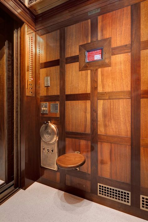 Art Deco Elevator Interior, Old Elevator, Elevator Buttons, Elevator Interior, Detroit History, Clad Home, Elevator Design, Glass Display Case, Property Design