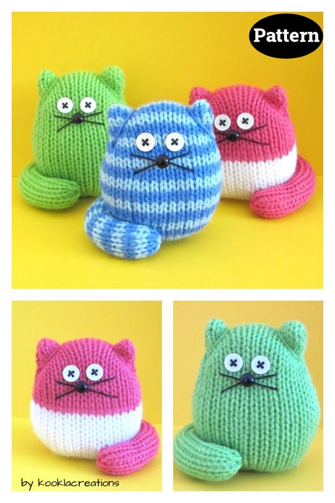 Fat Cat Knitting Patterns Easy Knitted Animals, Easy Knit Toys, Easy Knitted Toys Free Patterns, Knitting Machine Toy Patterns, Knitting Small Things, Circular Knitting Machine Animals, Free Cat Knitting Patterns, Knitted Dolls Free Patterns Easy, Quick Knits Free