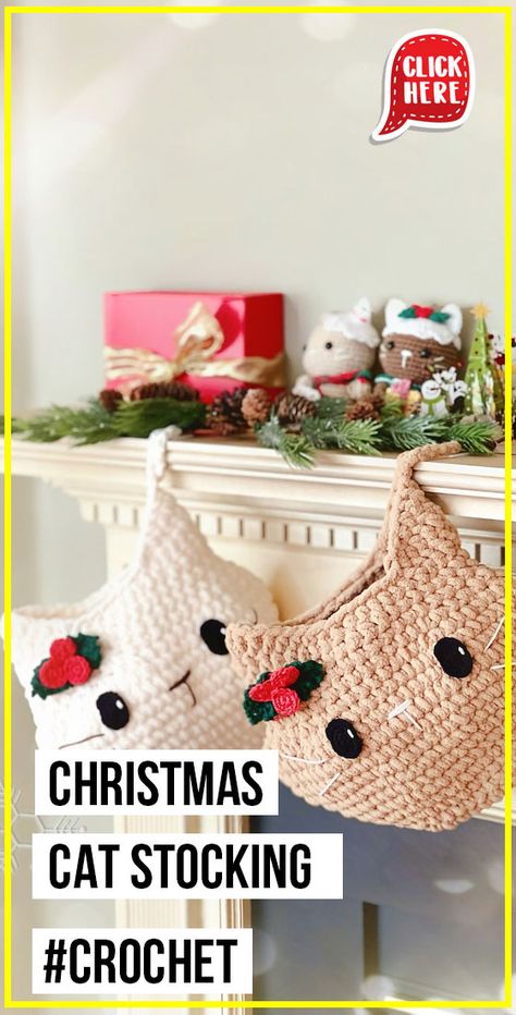 Crochet Stocking Stuffer Patterns, Homemade Stocking Ideas, Crochet Cat Christmas Stocking, Christmas Stocking For Cats, Crochet Cat Stocking Pattern Free, Crochet Pet Stocking Pattern Free, Simple Crochet Stocking Pattern Free, Crochet Cat Stocking, Small Crochet Stocking Pattern