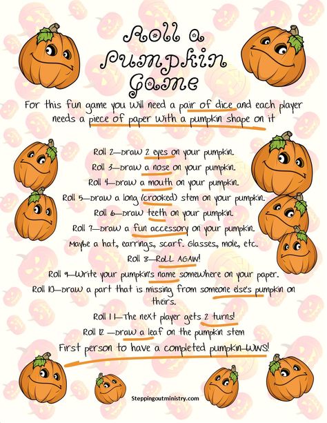 SteppingOut - Roll a Pumpkin Game! Free Download from my... Pumpkin Hot Potato Game, Roll A Pumpkin Game, Pass The Pumpkin Game Free Printable, Roll A Pumpkin Dice Game, Pass The Pumpkin Game, Pumpkin Dice Game, Thanksgiving Riddles, Jesus Games, Hot Potato Game