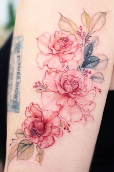 Watercolor Flower Tattoo Shoulder, Watercolor Floral Tattoo, Pink Flower Tattoo, Watercolor Tattoos For Women, Pink Rose Tattoo, Floral Watercolor Tattoo, Watercolor Tattoo Sleeve, Realistic Flower Tattoo, Watercolor Rose Tattoos