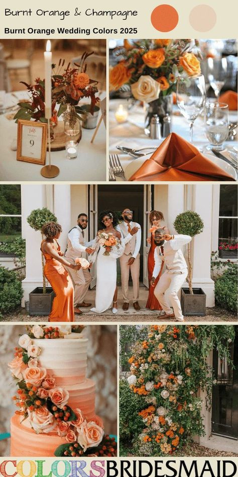 Burnt orange and champagne for burnt orange wedding colors 2025, burnt orange bridesmaid dresses, white bridal gown, champagne groomsmen suits, burnt orange and champagne flowers and greenery of wedding ceremony arch and reception centerpieces, white and burnt orange wedding cake dotted with burnt orange flowers and greenery. #weddingcolors #weddingideas #burntorangeweddings #colsbm #2025 #bridesmaiddresses #orangewedding #burntorangeandchampagne Burgundy And Burnt Orange Wedding, Champagne Groomsmen, Orange Theme Wedding, Late Summer Wedding Colors, Orange Party Theme, September Wedding Colors, Orange Wedding Cake, Orange Wedding Themes, Burnt Orange Bridesmaid Dresses