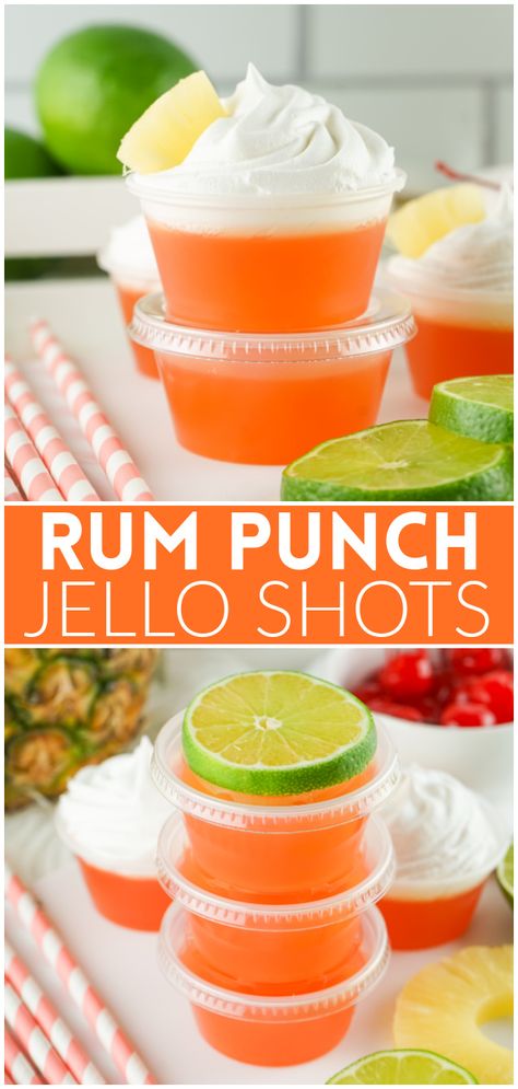 Rum Punch Jello Shots - the classic rum punch cocktail turned into jello shots! Pineapple juice, orange juice, lime juice, grenadine, and dark rum. Perfect for all your summer parties! Jello Shots Rum, Rum Punch Recipes Easy, Orange Jello Shots, Rum Jello Shots, Jello Shooters, Jello Pudding Shots, Dessert Shots, Cocktail Drinks Alcoholic, Pudding Shots