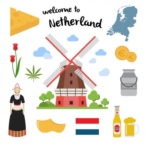 Netherland elements collection | Free Vector #Freepik #freevector #flower #beer #flag #milk Moving Party, Holland Art, Dutch Heritage, Geography For Kids, Play Props, Flat Drawings, Female Drawing, Holidays Around The World, Dutch Door