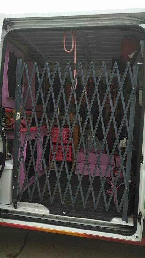 Dog Crate Setup, Dog Car Setup, Vehicle Organization, Dog Van, Dog Car Travel, Van Organization, Dog Transport, Kennel Ideas, Work Van