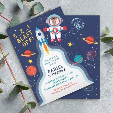 Astronaut Outer Space Rocket Ship Birthday Photo Invitation | #astronaut #boy #spacebirthdayinvitation #spaceinvitation #blastoff #spaceship #planets #photo #spacepartyinvitation #spacepartybirthdayinvitation Rocket Ship Party, Space Themed Birthday Party, Space Themed Birthday, Planet Birthday, Space Invitation, Space Birthday Invitation, 80th Birthday Invitations, Astronaut Birthday, Boy Birthday Party Themes