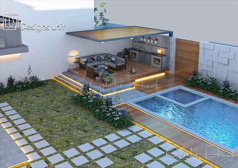 Modern Pool Backyard Design, Terrace Pool Design, Minimalist Backyard, House Balcony Ideas, Landscape Villa, Pool Design Plans, Barbeque Design, Terrace Pool, Pool House Designs