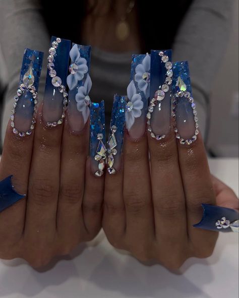 Blue Diamond Nails, Blue Prom Nails, Quinceanera Nails, Blue Glitter Nails, Idea Nail, Blue Acrylic Nails, Drip Nails, Colored Acrylic Nails, Nails Design With Rhinestones