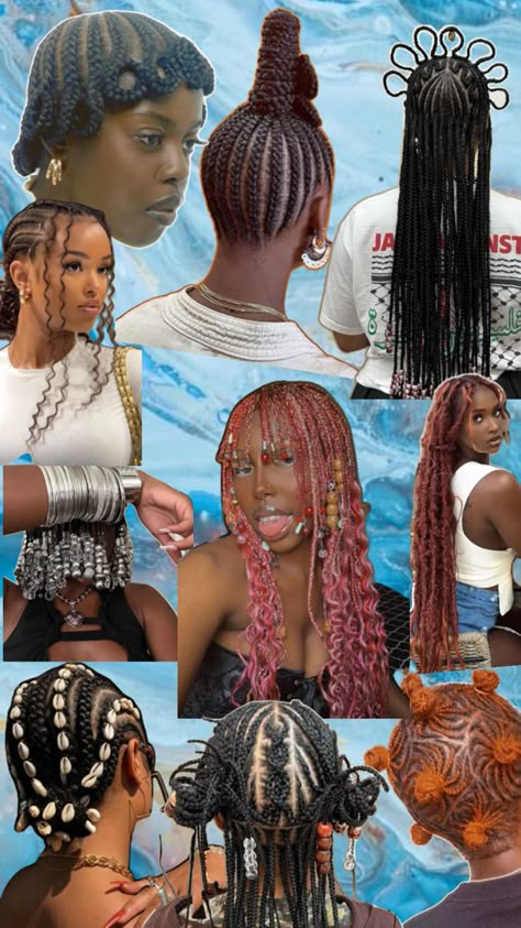 Collage of different braided hairstyles for black women, locs, stitch braids and more. African inspired hair Safe Hairstyles, Natural Cornrows, Hairstyle Unique, Winter Hairstyles For Black Women, Long Cornrows, Braids Locs, Unique Braids, Cornrow Braids, Braiding Styles