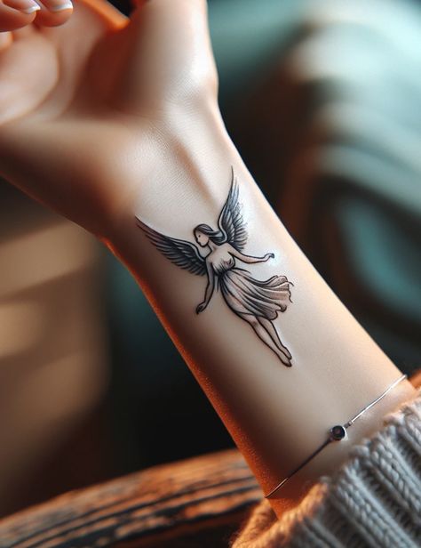 Arrow Forearm Tattoo, Angle Tattoo, Small Feminine Tattoos, Forearm Flower Tattoo, Aquarius Aesthetic, Heaven Tattoos, Tattoos Quotes, Angel Tattoos, Angel Tattoo Designs