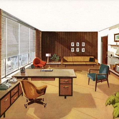 1950s Business Office Mid Century Office, Mid Century Modern Office, Mid Century Interior, Retro Office, Furniture Ads, Contemporary Office, Retro Interior, Vintage Office, Design Del Prodotto