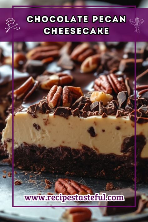 A rich and creamy cheesecake featuring a decadent chocolate filling and crunchy pecans, topped with luscious chocolate ganache. Perfect for any special occasion or indulgent treat! Pecan Cheesecake Recipes, Pecan Chocolate, Pecan Cheesecake, Chocolate Graham Crackers, Crunchy Pecans, Chocolate Pecan, Chocolate Filling, Creamy Cheesecake, Cheese Serving