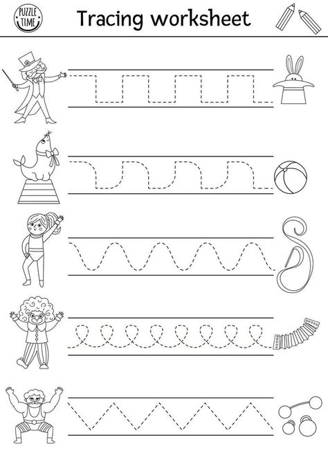 Vector circus handwriting practice worksheet. Amusement show printable black and white activity for preschool children. Tracing game for writing skills with magician, clown, gymnast, athlete Circus Daycare Activities, Circus For Preschoolers, Carnival Theme Activities For Preschool, Circus Fine Motor Activities, Preschool Carnival Activities, Circus Worksheets Preschool, Circus Week Preschool, Circus Lesson Plans Preschool, Circus Math Activities For Preschool