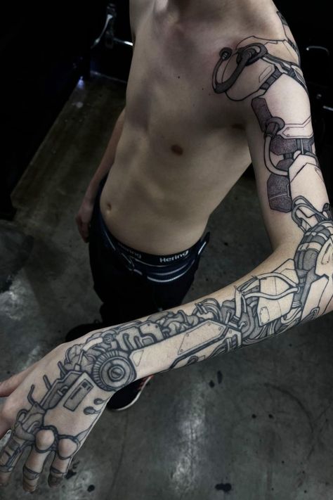 Cyber arm tattoo by Planoc #cybertattoo #armtattoo #techtattoo #futuristic #conceptart Tattoo Ideas Skeleton, Sci Fi Tattoos, Robotic Arm Tattoo, Dishonored Tattoo, Computer Tattoo, Biomech Tattoo, Electronic Tattoo, Robot Tattoo, Hand Tattoo Ideas