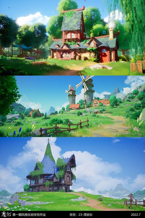 Game Landscape Design, Unreal Stylized Environment, Environment Concept Art Portfolio, Stylized 3d Environment Art, Village Environment, Stylized Fantasy Environment, Digital Environment Painting, Stylised 3d Environment, Enviroment Concepts