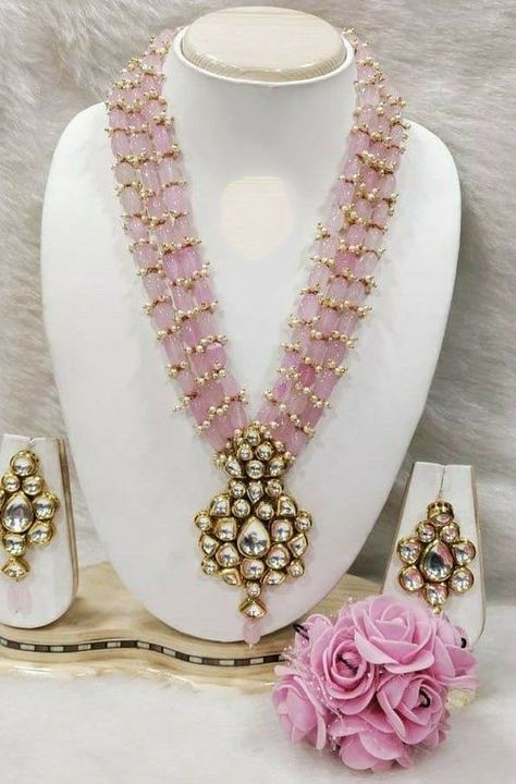 Beads multi strand necklace Pink Polki Jewellery, Gold And Beads Necklace, Light Pink Beads Indian Jewellery, Light Jewellery Designs, Beads Collection Gold, Pink Beads Necklace Indian, Kundan Jewellery Bridal Gold, Pink Saree Jewellery, Pink Beads Indian Jewellery