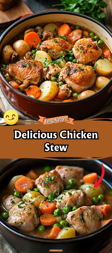 Warm up with a hearty Chicken Stew. Packed with tender chicken pieces, vegetables, and a savory broth, this stew is both comforting and satisfying. Perfect for a nourishing meal any day of the week. #ChickenStew #ComfortFood #HeartyMeals Hearty Chicken Stew, Hearty Chicken And Vegetable Stew, Chicken Thigh Stew Recipes, Pottage Stew, Stew Recipes Chicken, Chicken Stew Recipe Easy, Chicken Stew Crockpot, Chicken Thigh Stew, Chicken And Vegetable Stew