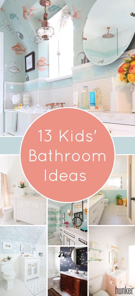 Small Guest Bathroom Ideas Wallpaper, Bathroom Color Theme Ideas, Bunk Room Bathroom, Family Bathroom Ideas Decor, Wallpaper For Kids Bathroom, Simple Kids Bathroom Ideas, Nursery Bathroom Ideas, Kids Bathroom Cabinet Colors, Small Kid Bathroom Ideas