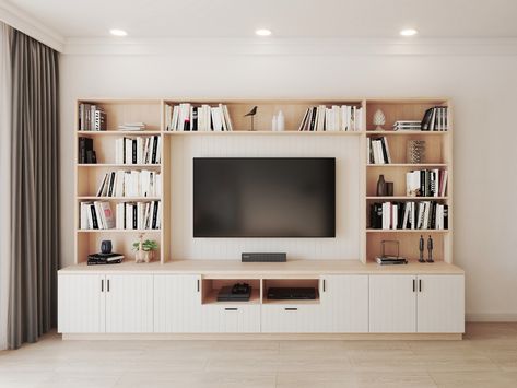 Tv Unit Bookshelf, Tv Unit Bookcase, Minimal Entertainment Center, Living Room With Bookcase Wall, Bookcase With Tv In Middle, Bookcase Wall Living Room, Tv Bookcase Wall, Living Room Joinery, White Tv Wall