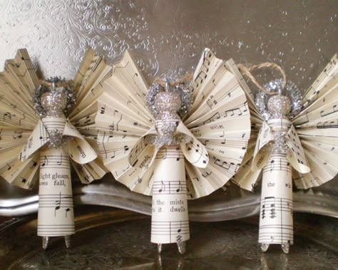 Sheet Music, Clothespin, Angel Ornaments -   (No tutorial/pic only) Sheet Music Ornaments, Music Christmas Ornaments, Angel Decorations, Sheet Music Crafts, Paper Angel, Music Christmas, Music Ornaments, Christmas Crafts For Adults, Music Crafts