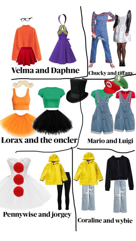 Easy Duo Halloween Costumes, Coraline And Wybie, Bff Matching Outfits, Bff Matching, Trio Halloween Costumes, Duo Halloween Costumes, The Lorax, Mario And Luigi, Matching Outfits