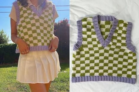 Checkerboard Sweater, Crochet Sweater Vest, Patchwork Vest, Crochet Vest Pattern, Striped Vests, Crochet Inspo, Crochet Tapestry, Vest Pattern, Modern Crochet