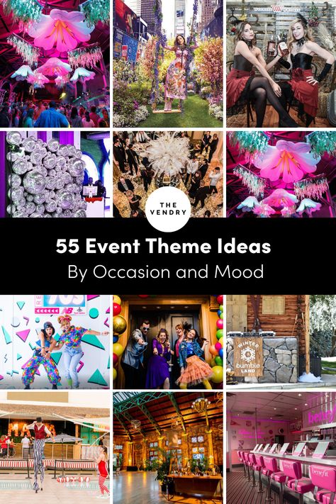 event ideas, event themes, event inspiration, a list of event decor Themes For Events Creative Ideas, Big Party Themes, Business Party Theme Ideas, Party Themes For Work Events, Calendar Party Table Themes, Work Party Themes Events, Table Themes Fundraiser, Grand Opening Theme Ideas, Themes For Corporate Events