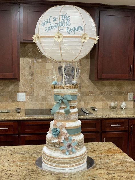 Baby Shower Hot Air Balloon Theme, Hot Air Balloon Baby Shower Theme Boys, Teddy Bear Hot Air Balloon Theme Centerpieces, How To Make Hot Air Balloon Centerpiece, Hot Air Balloon And Bear Theme, Baby Ballons, Hot Air Balloon Gender Reveal, Gender Reveal Hot Air Balloon, Airport Party